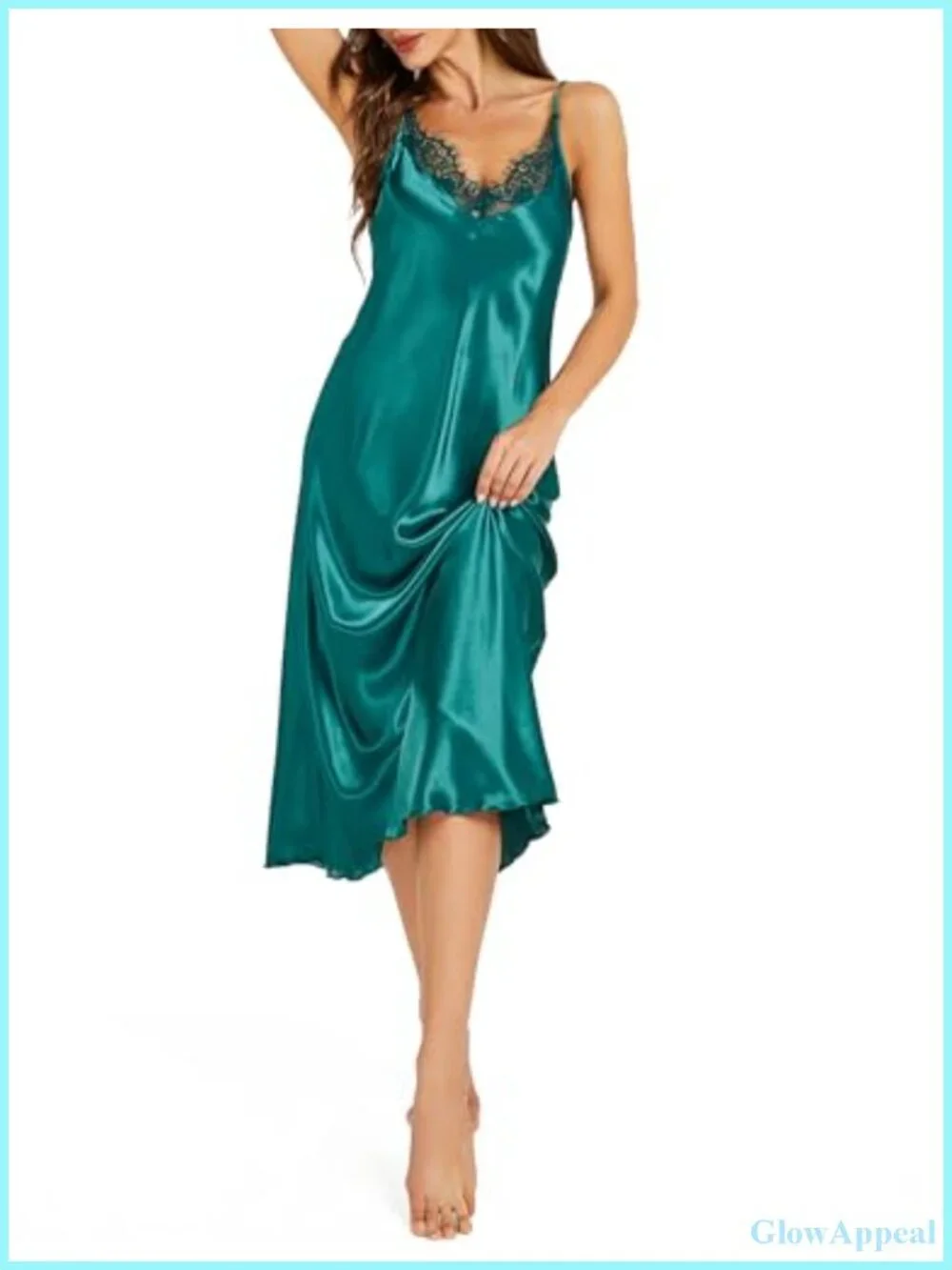 Silk Satin Nightgown Adjustable Strap Lace Trim V Neck Slip Dress Women